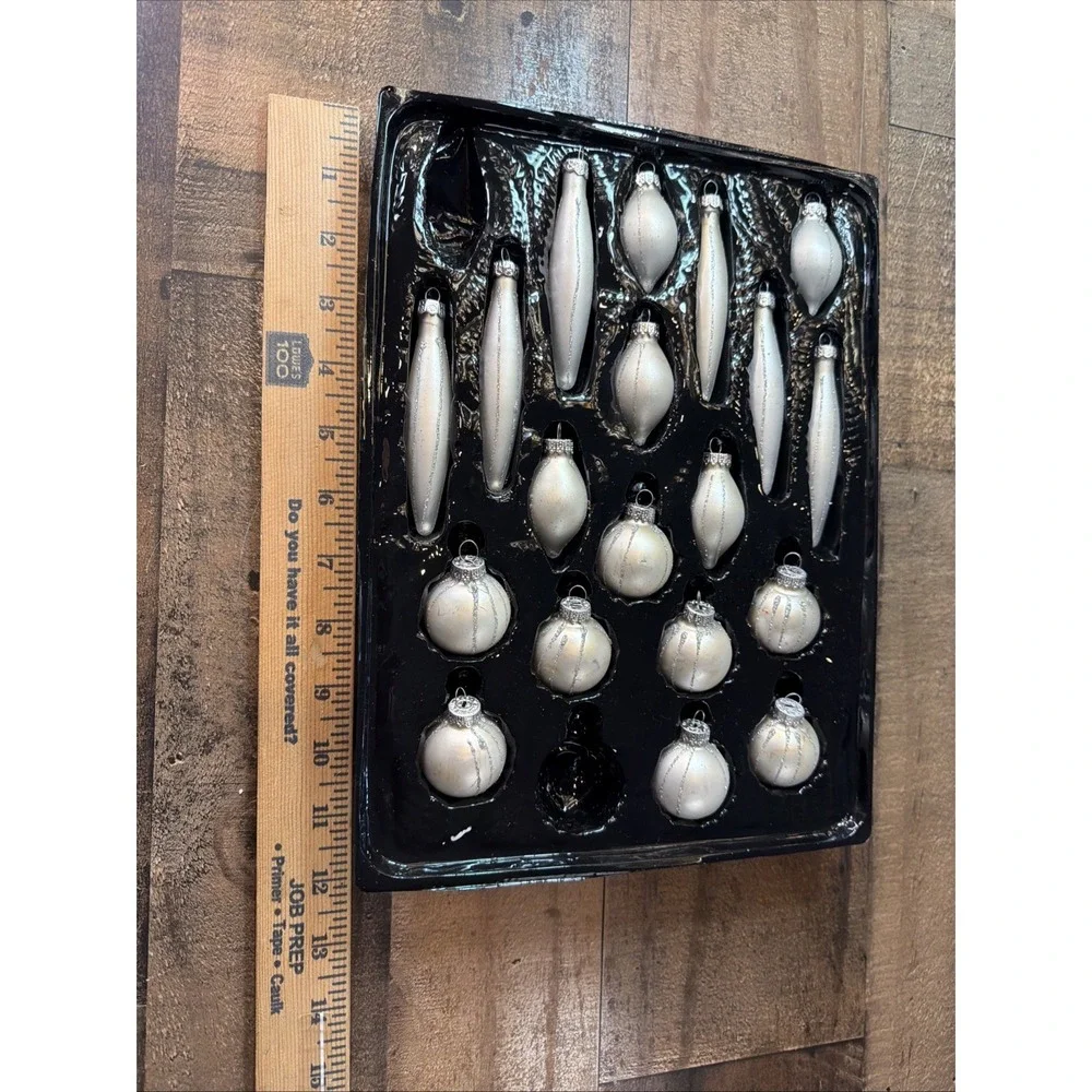 Yule Glass Christmas Ornaments White Silver Glitter In Box Set of 19 Assorted